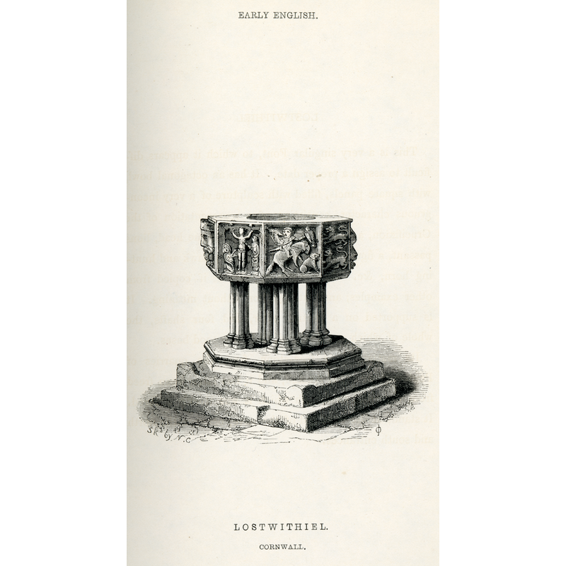 the colonnettes of the base shown here were already a modern replacement ca.1844, but the two-step plinth shown here is no longer part of the font set-up