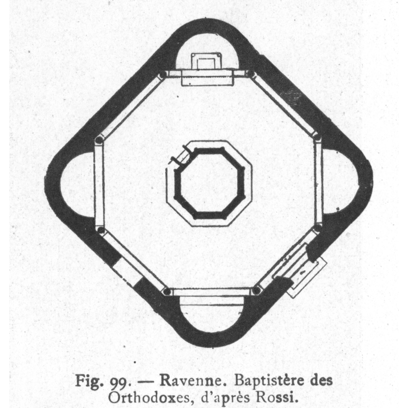 Illustration in Lasteyrie (1929): plan of the baptistery with the font in its centre