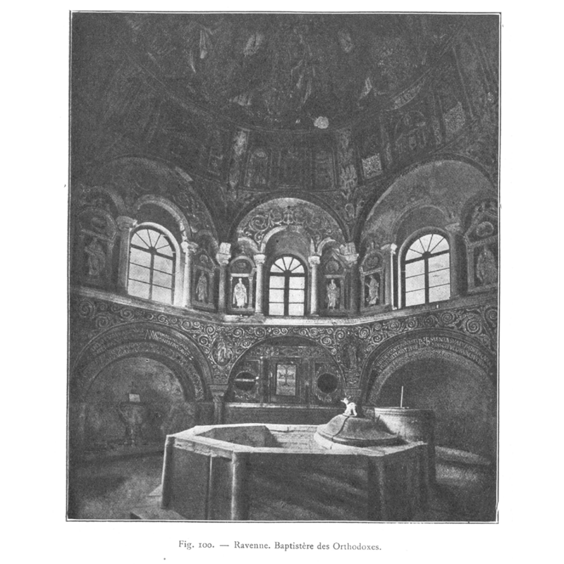 Illustration in Lasteyrie (1929) showing the font as well as the interior of the building