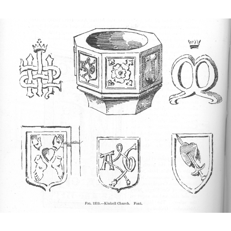 Drawing in MacGibbon & Ross (1896-1897) showing the basin and the seven motifs (the Tudor rose motif appears on sides 5 and 7)