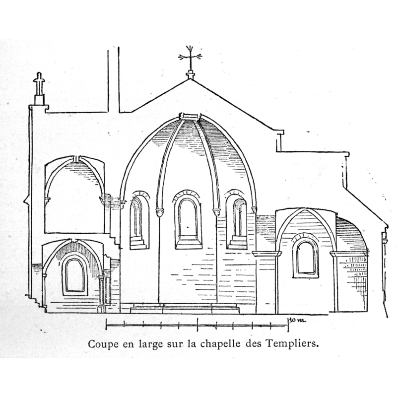 Source caption: "coupe longitudinale de cette chapelle. La voûte est construite à pans, avec nervures saillantes sous les arêtes rentrantes"