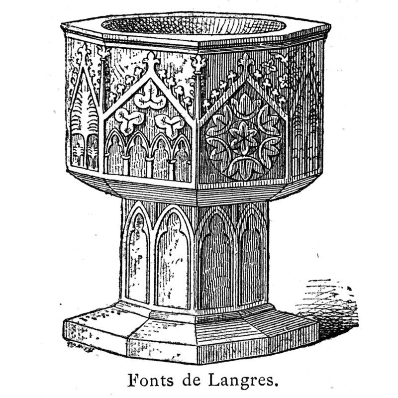 The arches are topped with fleur-de-lis motif and house a variety of motifs under them (triquetras, arches, rosettes, plants, etc.), a/p illustration in Viollet-le-Duc (1875)