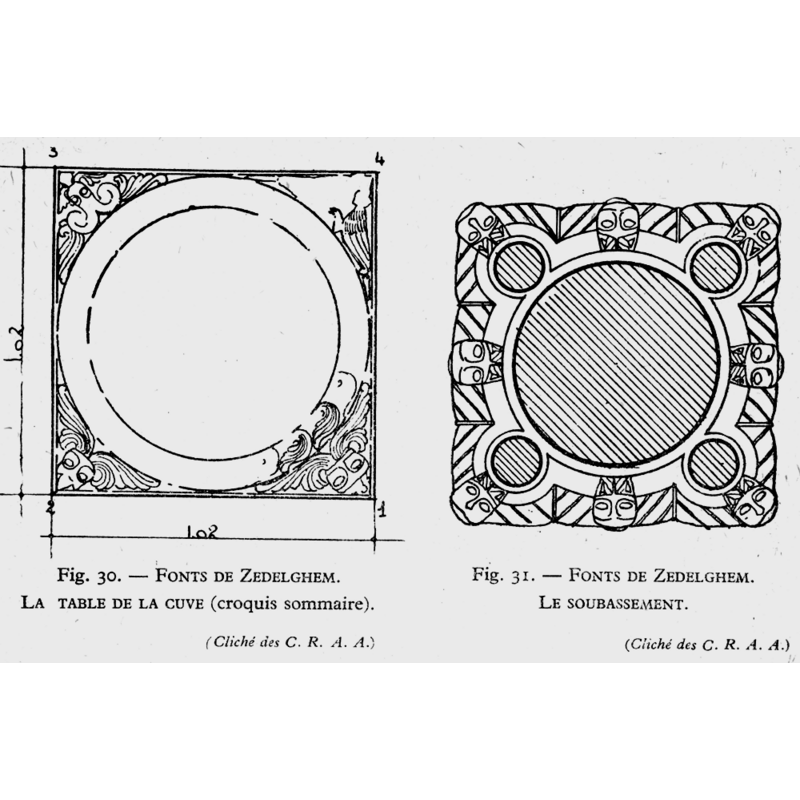 the drawing on the right shows the general design of the base, with the eight lion heads symmetrically arranged