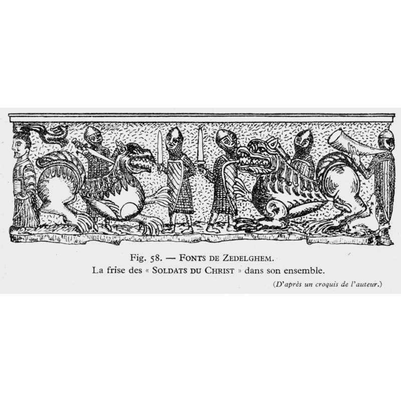 four warriors in full armour with swords and shields fight two large lions -- on the south side of the basin [NB: orientation is approximate]