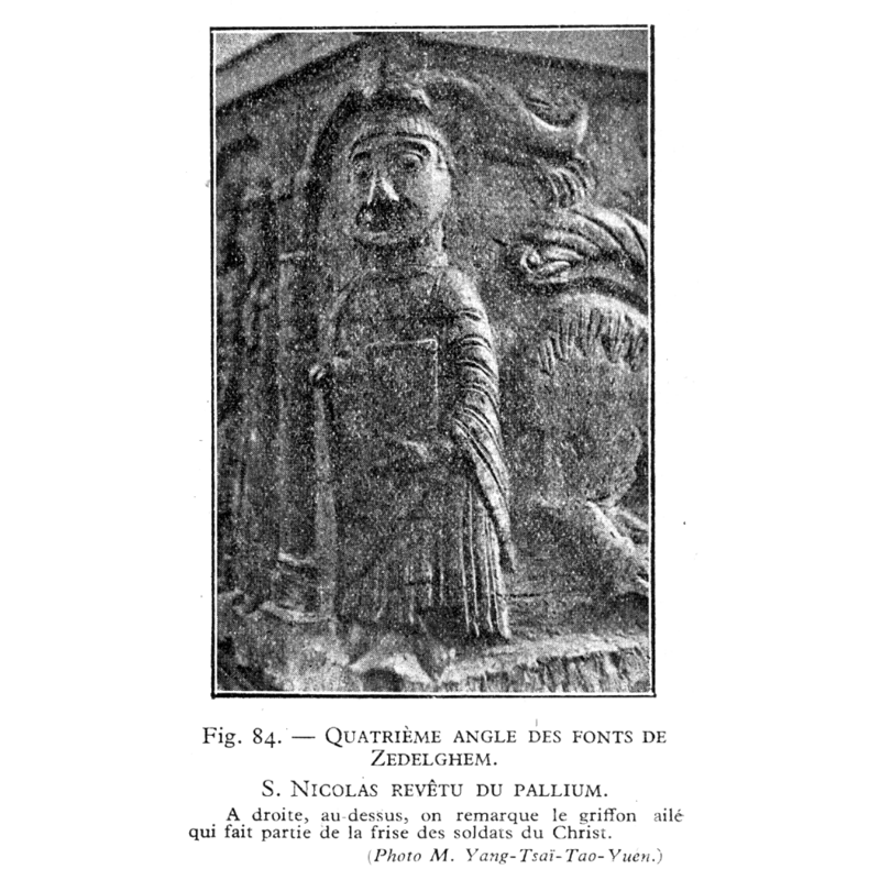 corner 4: holding a book on his left hand; under a sort of pallium [although the end appears to be a dragon] -- on the southwest corner of the basin [NB: orientation is approximate]