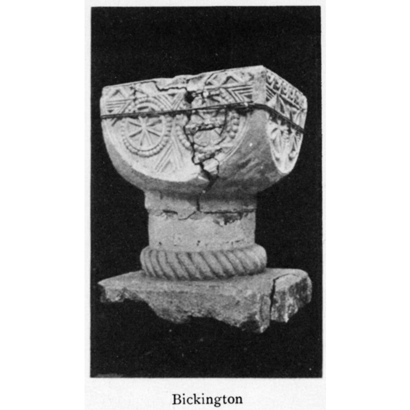 the motifs on this east side are much restored, but Clarke mentions "two large four-leaved flowers" [NB: the photograph is probably dated pre-1902, the date of the restoration that removed all the iron clamps from the font]
