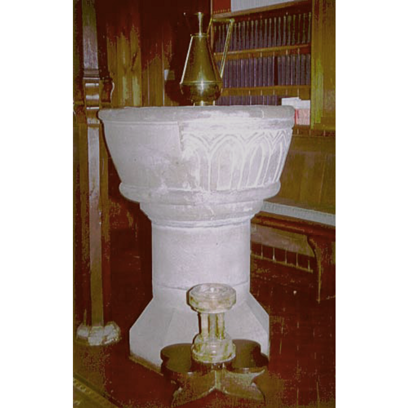The larger stone font is the original at Milwich All Saints', and the miniature font is from Garshall Green