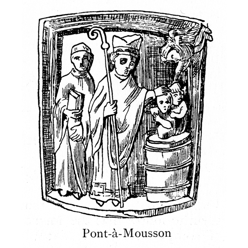 a drawing in Bond (1908) of the bas-relief from Pont-à-Mousson depicting a baptism scene in a wooden-barrel type font