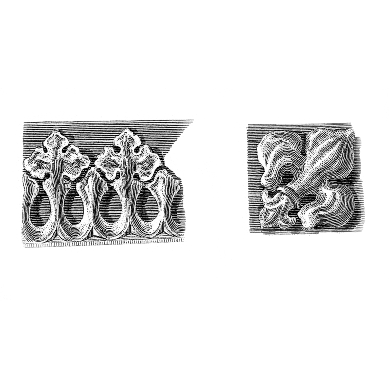 on the left the patern from the crown of the font cover -- on the right the fleur-de-lis motif inscribed in the quatrefoil windows of the basin panels