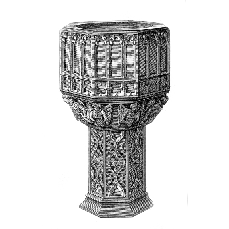 the 15th-century font, now disappeared; some shown among the twists of the tracery on the stem