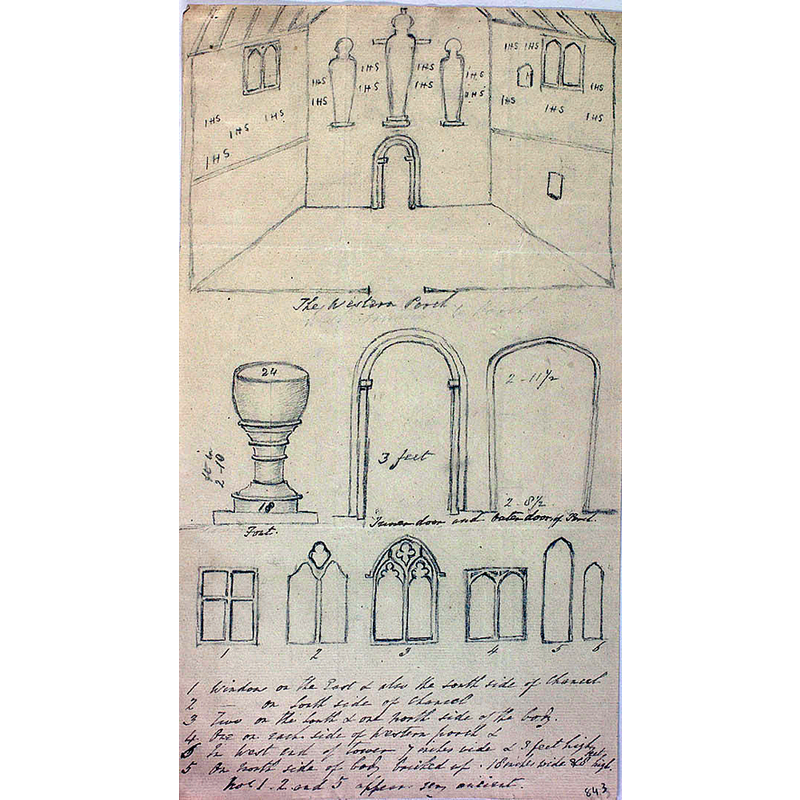 pencil sketch of church interior with details