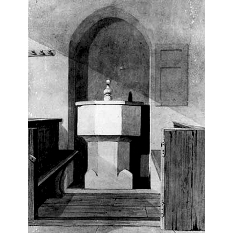 notice the location of the font by the blocked south door in this mid-19thC watercolour