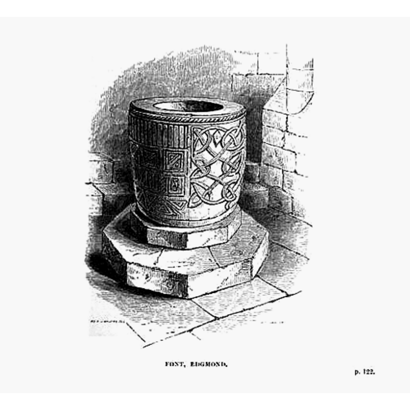 the rendering of this drawing made the font look barrel-shaped, which it is not; the two step octagonal plinth is now gont and replaced by a plain round one