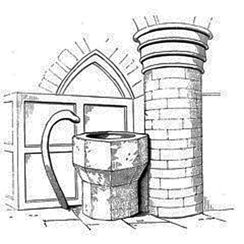 the original font of Mountnessing church in the context of the church interior; the curved item on the left is said to have been the 4-ft tall fossil rib of a mammoth