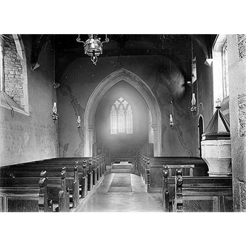the interior of St. Leonard's showing the font and cover on the right (south) side, probably ca. 1890-1910