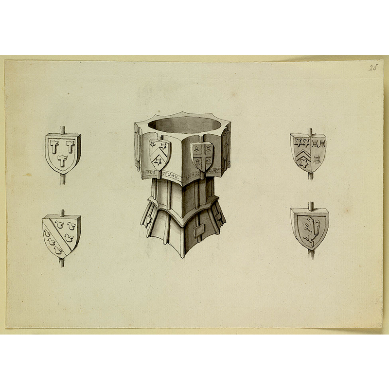 on the east side of the font: "1. Pudsay, "vert, a chevron between three mullets pierced gold" [NB: orientation is approximate]