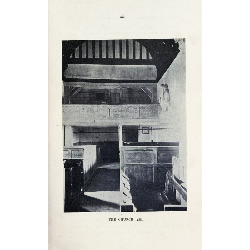 photographed in 1889, before the renovation; it shows the old box pews and the west gallery; part of the outer edge of a font [cf. FontNotes] can be discerned at the far end, behind the pews on the left (south) side