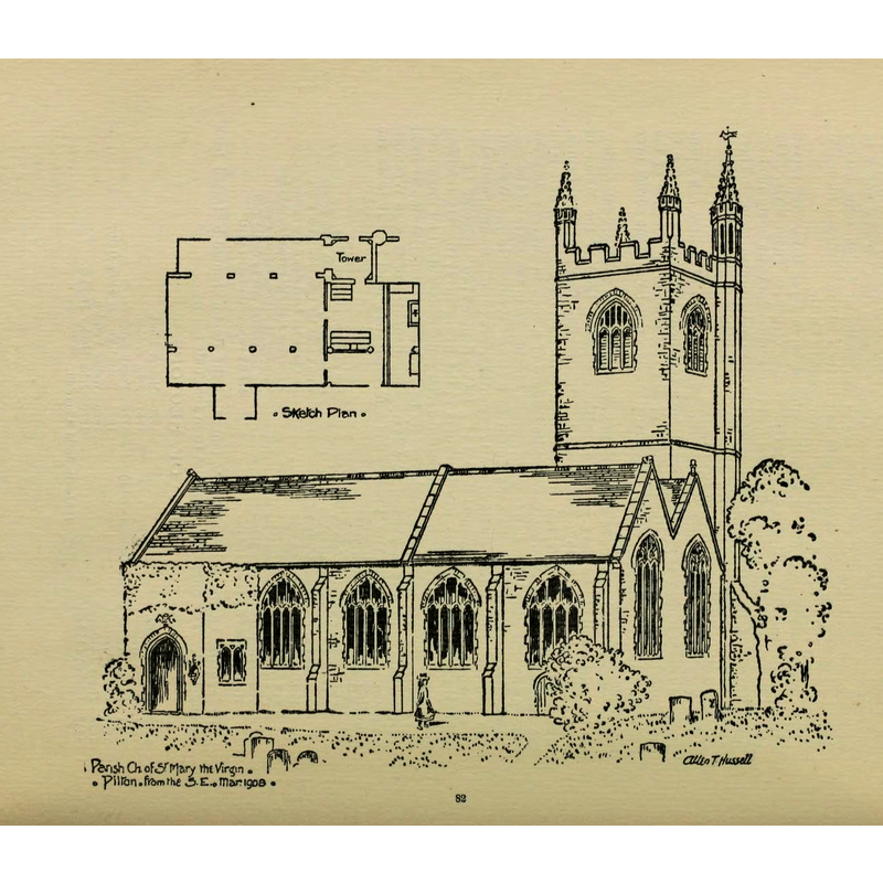 in March 1908; the small plan in the image shows the north nave and the tower aligned with it; the main entrance is through the south porch, as shown