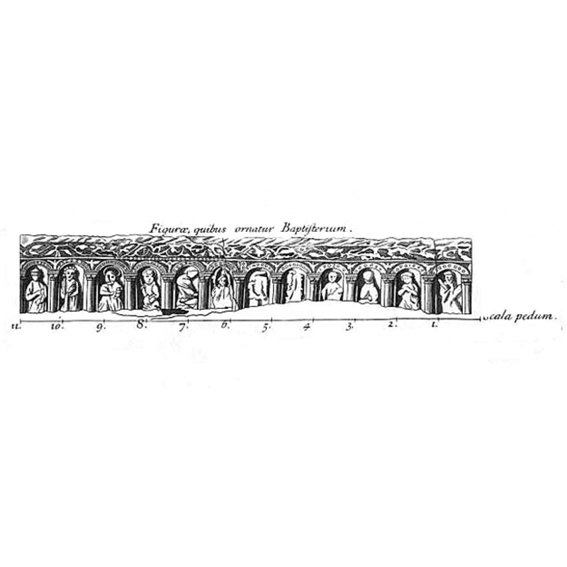 a projection of the sides with the twelve figures inside round arches