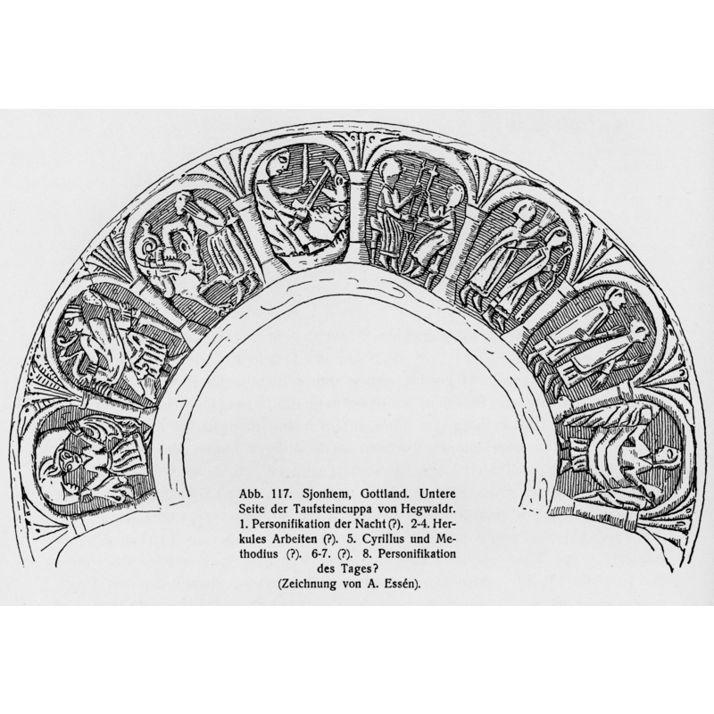 a drawing projection of the underbowl iconographic programme -- the surface of the stone was probably not much better than it is now