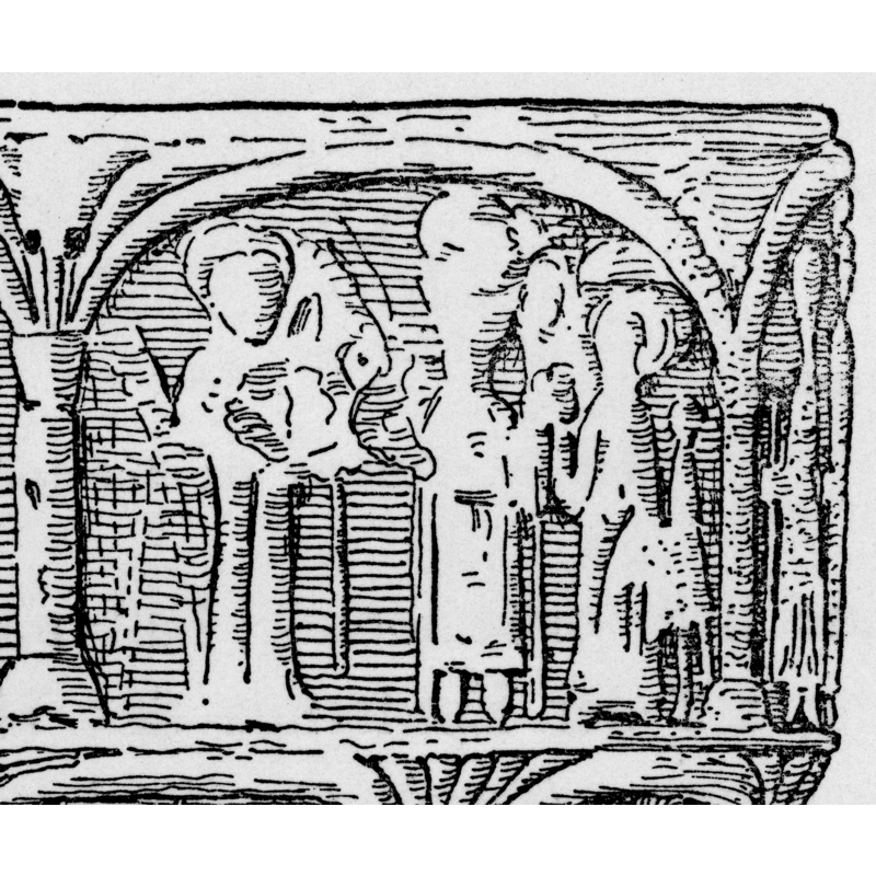 Three figures with maybe an animal to the far right or part of a throne?