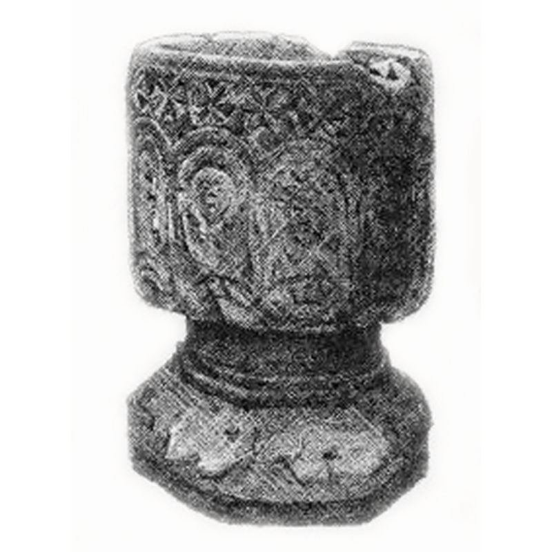shown here before the restoration; the base had mouldings at the base of the short stem, and some sort of decoration on the splaying lower part; the large damage at the ipper rim was repaired with new stone inserts