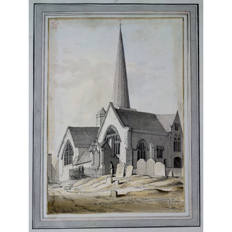 NB: the old spire visible here in this 1789 watercolour was, according to Arnold (1864: 62) removed in 1800, but re-built when the church was restored. It was still up ca. 1828-30, as seen in J.M.W. Turner's painting [ww.tate.org.uk/art/artworks/turner-a-church-spire-possibly-petworth-sussex-d25427] [accessed 13 April 2013].The spire was removed by (in?) 1947, as a Frith postcard [www.gravelroots.net/history/storepetworth2/571_712462.jpg] [accessed 13 April 2013] shows.