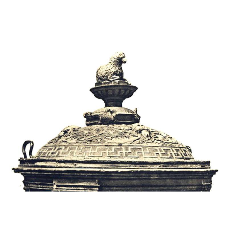one handle clearly visible; a second one appears to exist at the back -- fret band decoration -- carved domed may have included scenes -- finial with cushion-like paltform, chalice above and couchant lamb atop