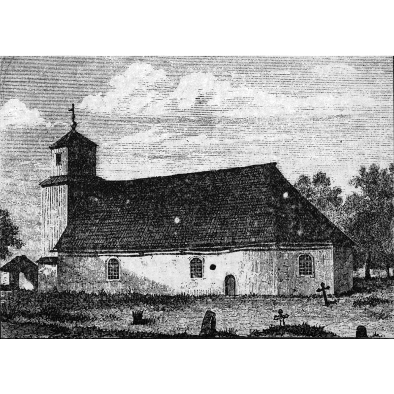 drawing of the old church; now in ruins