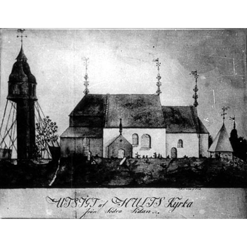 A rare surviving photograph of Hults gamla kyrkan; the new church was built in 1841, and local sources claim that the old church had been abandoned and much vandalised, and was demolished at the time, therefore the photograph must be of the early 1840s.