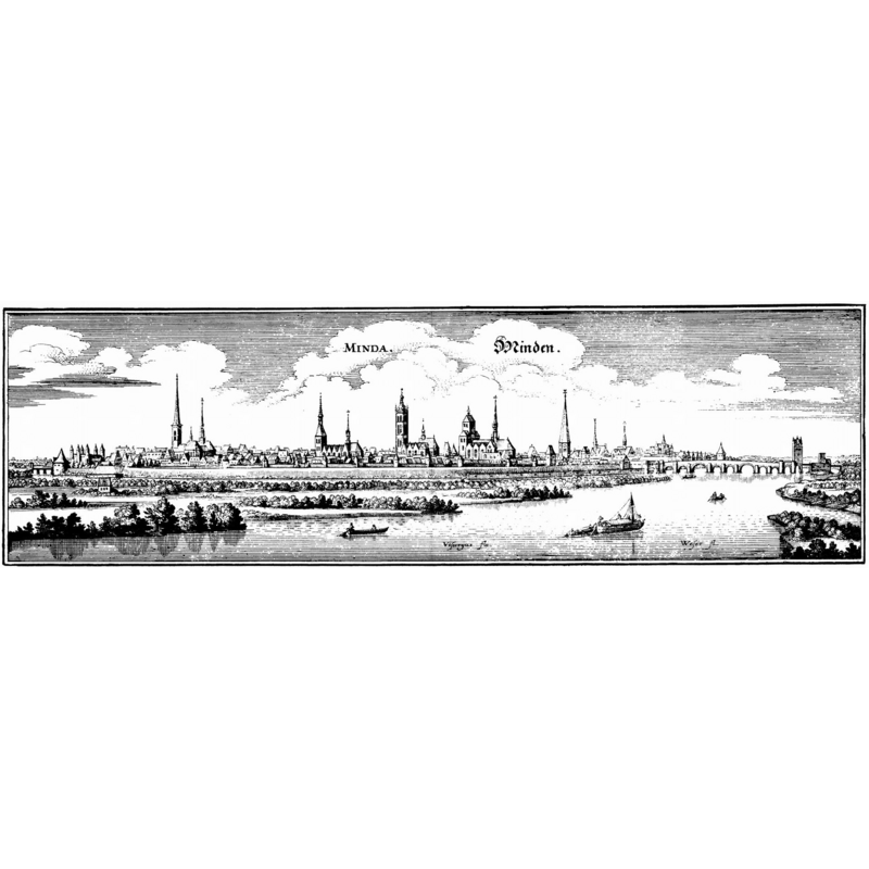 Minden in 1641, with the cathedral in the centre -- Image caption: "Mittelalterliche Ansicht der Stadt Minden an der Weser, damals eventuell Teil des preußischen Fürstentums Minden oder noch eigenständig als Hochstift Minden, jetzt Nordrhein-Westfalen. Das Zentrum des Stichs bildet in etwa der Dom zu Minden."