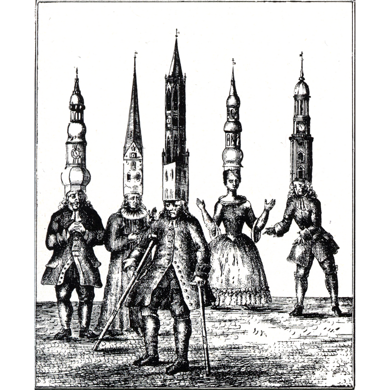 the image with the crutches represents Jakobikirche; surrounded by the other four Hauptkirchen of Hamburg -- Image caption: ""Peter, Nicolaus, Catharina und Michael wundern sich, daß der Bruder Jacob bei hohem Alter und schwachen Füßen noch eine so schwere und bunte Mütze tragen will.""