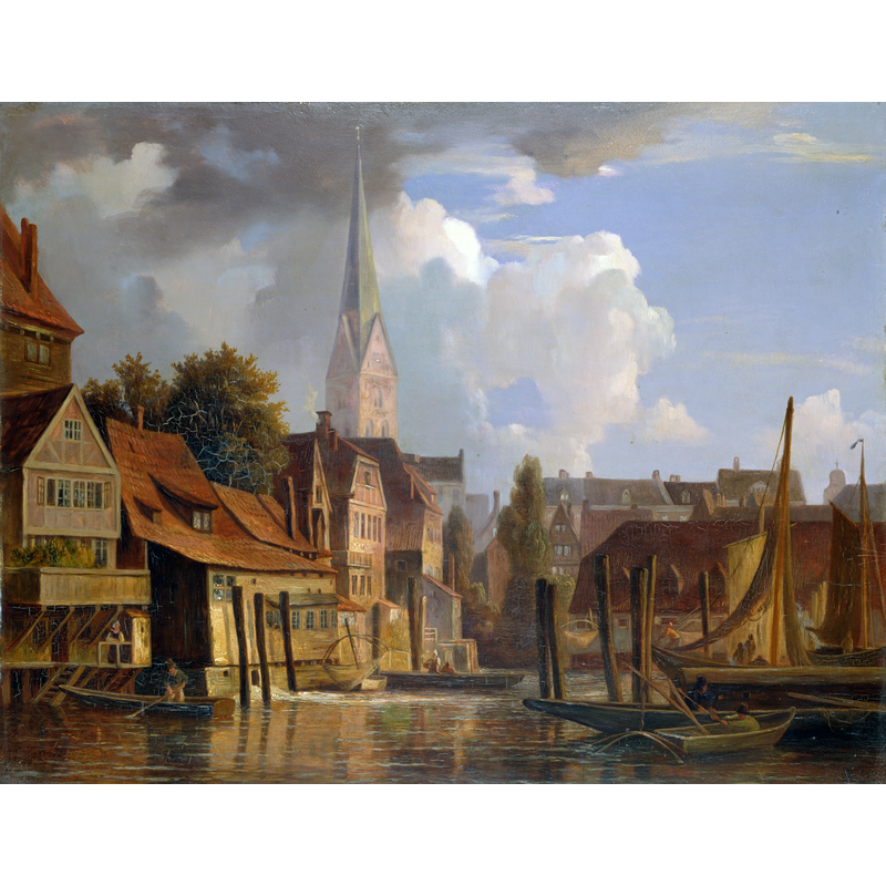 Image caption: "View of the Little Alster from the Voglerswall before the Great Fire of 5th to 8th of May 1842; in the background the tower of St. Petri; the church was destroyed in the fire."