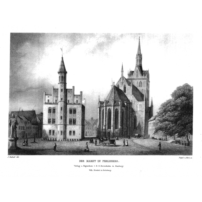 Photo caption: "Perleberg’s marketplace. From left to right: Roland statue, town hall, St. Jacobi church"