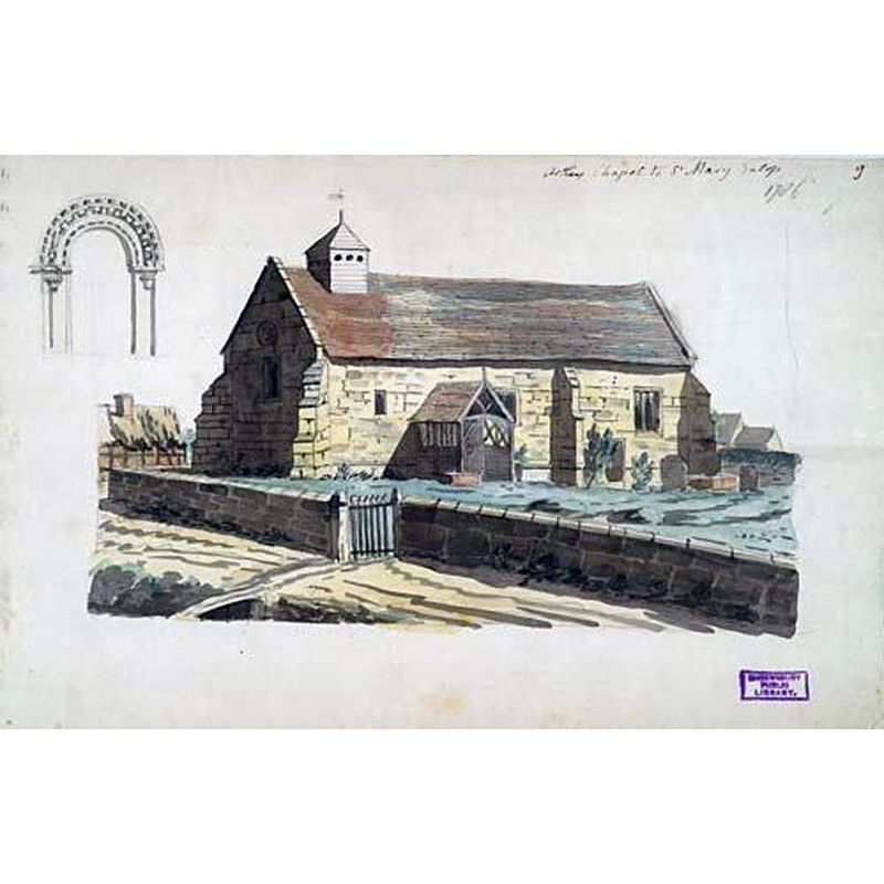 the church prior to the Victorian renovation: the south portal is hidden inside the porch (the artist has reproduced the arch-head on the top left corner of the painting); the wooden bell-cote housed the 13thC bells (they were restored and re-hung recently)