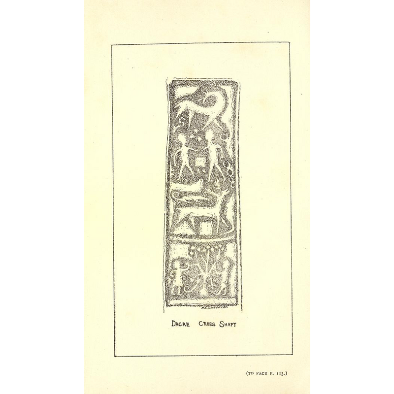 fragment [shaft?] of the 10thC Dacre cross -- Calverley (1899) writes: "two men join hands in peaceful compact over a square font [...] standing on two short supports, and over them the sun-sign, or a three-limbed sign, is seen".