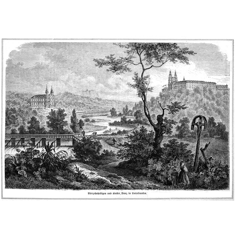 Kloster Banz is up on the hill, on the right; the church down, on the left ise, is Vierzehnheiligen