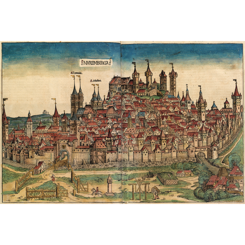 1493: it shows Sebalduskirche to the left of the castle, to the right of Lorenzkirche