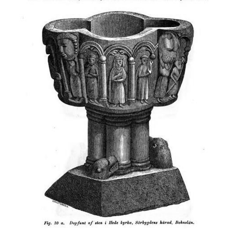 the arcade in the centre with three figures, of which the centre one appears to be a crowned female, and the right one a tonsured cleric