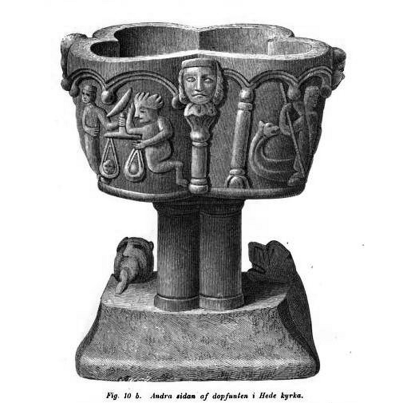 on the basin, left side, the weighing of the souls (?) by the angel, left, and the devil (right); pillar with large head in the concave centre; on the right is the scene with St. Michael (?) and a dragon; on the base the two animal protomes/heads