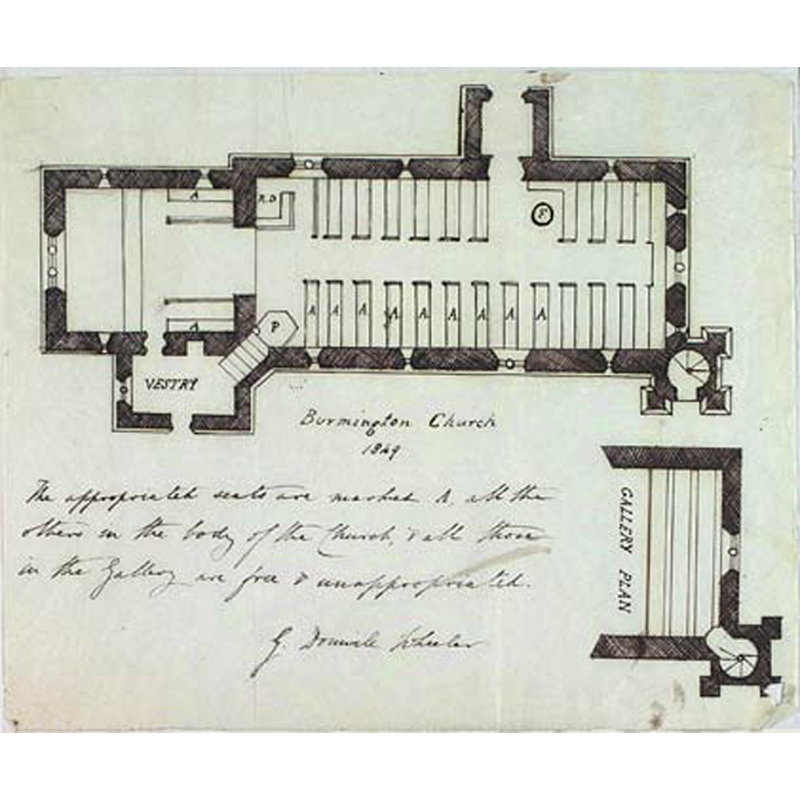the old plan shows a font  (encircled F) at the southwest corner of the nave, just west of the south entranceway