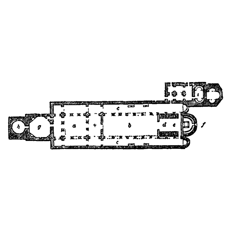 Source caption: "Ground-Plan of Cathedral of Parenzo, Istria. a, Cloistered atrium. +, Narthex. b, Nave. c, c, Aisles. d, Chorus cantorum. e, Altar. f, Bishop's throne. g, Baptistery. h, Belfry. i, Chapel of St Andrew."
