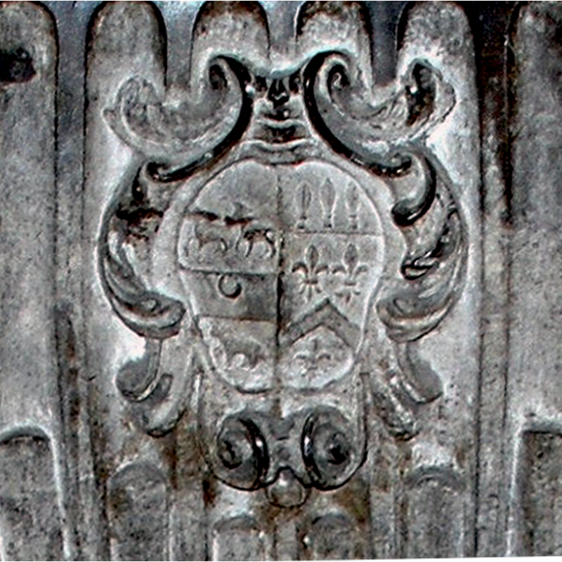 "A chevron engrailed, inter three fleurs de lis, on a chief three spear heads, Wright of Sedgefield; impaling, a bend charged with three pheons, inter two towers, on a chief a demi-lion rampant, inter two lozenges, Johnson" -- on the north side of the basin [re-carved? cf. FontNotes]
