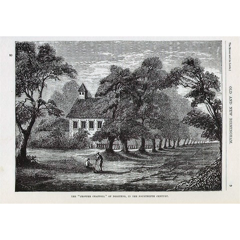 engraving depicting the 14thC Deritend chapel in Robert Kirkup Dent's  'Old and new Birmingham' (1880)