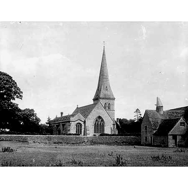Source caption: "Looking from the north west with farm buildings in the foreground. The church is Norman in origin with alterations in the medieval period and restoration by Woodyer in 1864."