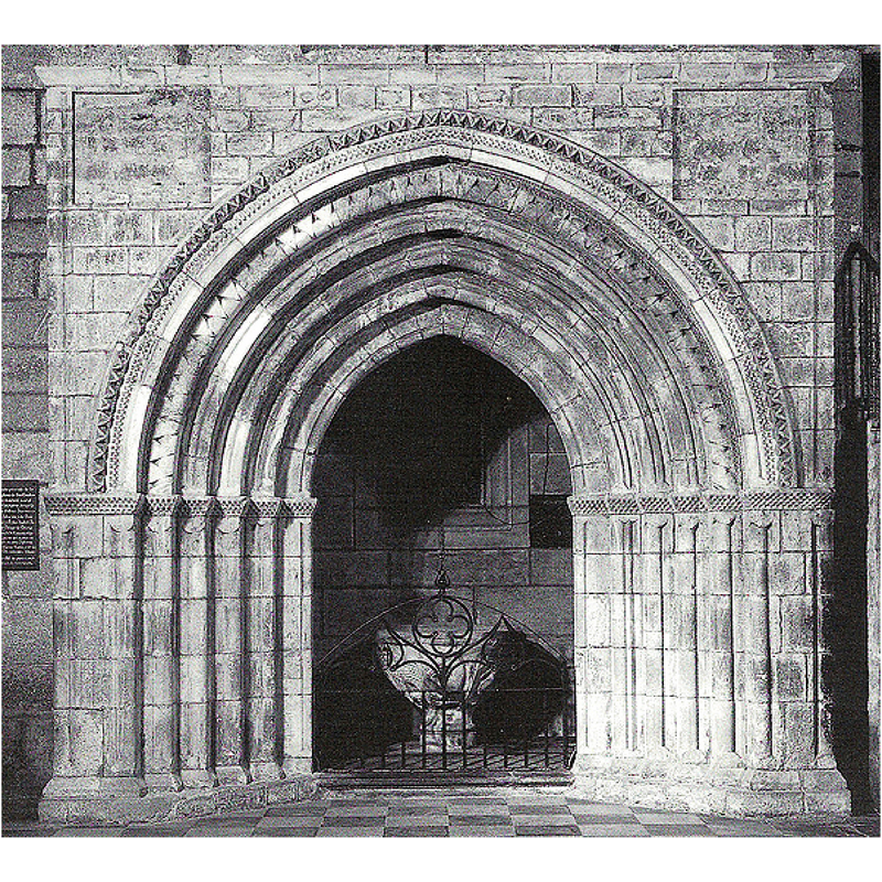 the 13thC (?) baptistery portal, originally from a destroyed rural chapel nearby; built into this church in 1918 -- Source caption: "Portada del baptisterio de la parroquia de Santa María (procedente de la ermita de San Esteban) Tolosa (Gipuzkoa)"