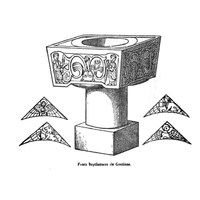 with the symbols of the four Evangelists in the spandrels of the basin top (the font cover is visible in the upper right corner)
