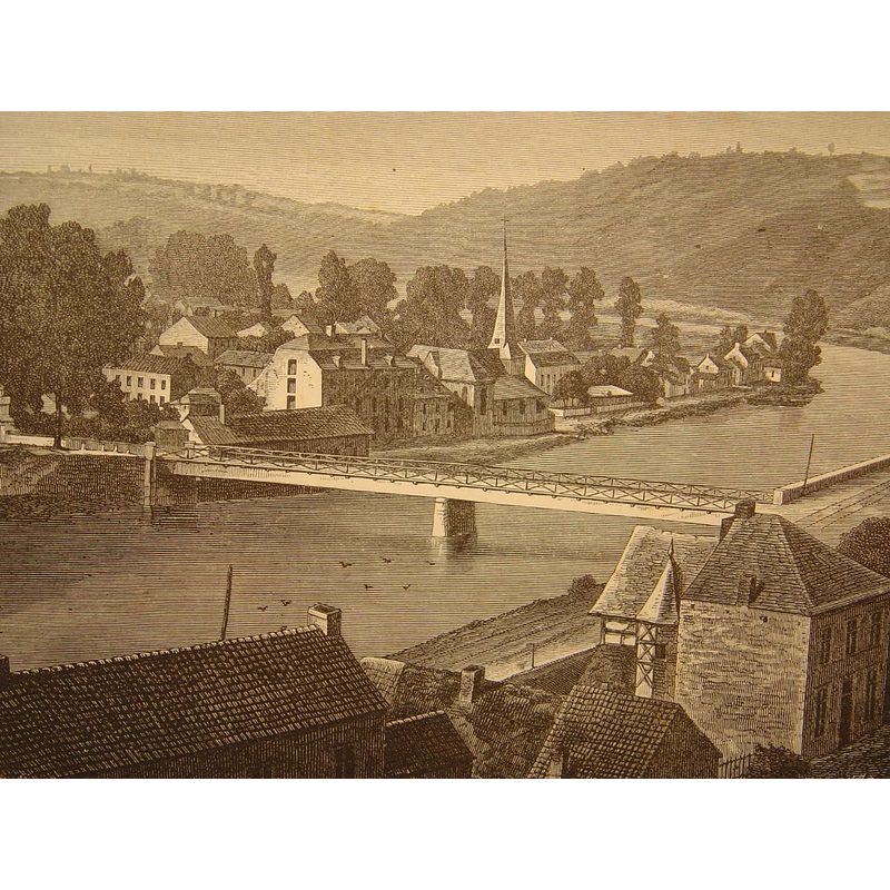 the village in the 19th century -- the steeple of the church visible across the river Ourthe, to the right