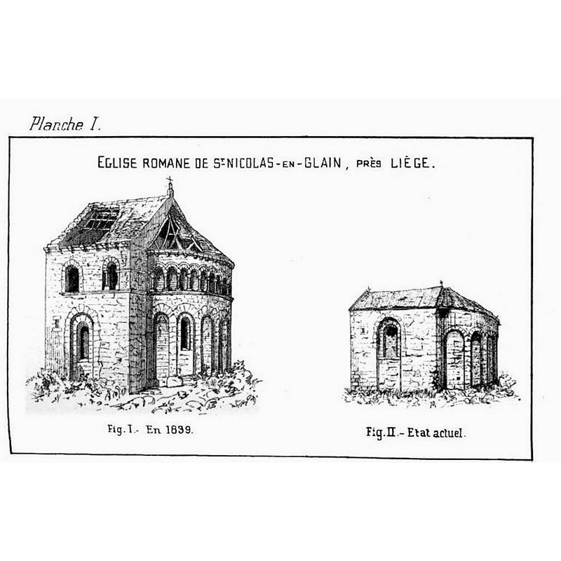 on the left is the image of the priory church from a 1839 drawing in Lavallaye's article in the 'Messager des sciences historiques de Belgique' (1839: 13); on the right is a 1892 (?) drawing by Henry Rousseau of the remains of the priory church at the time [source: Henry Rousseau's article 'Deux églises romanes aux environs de Liège', in the Bulletin des commissions royales d'art et d'archéologie (vol. 31, 1892: 319-325).  Rousseau explains that the church was rejected for restoration due to a disagreement between the owner and the Commission des monuments; all valuables had already been moved to the Musée de l'Institut archéologique de Liège by that point, including the font