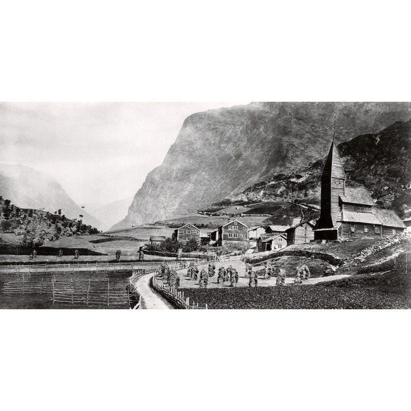 the original 'stavkirke' of Fortun; photographed in Fortun in 1873, before the church was dismantled, moved to Fantoft, in Bergen, and re-built in 1883